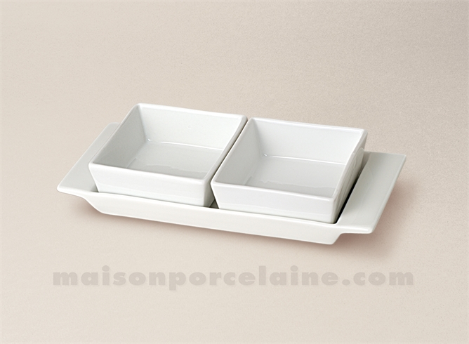 PLATEAU RECTANGULAIRE+2 COUPELLES CARREES PORCELAINE BLANCHE22X10